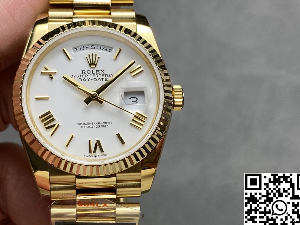 Rolex Tungsten M128238-0113 Factory QF Day v5 Yellow Date Steel White Dial 36mm Gold 0918